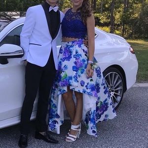 Two piece blue and flowered prom dress.